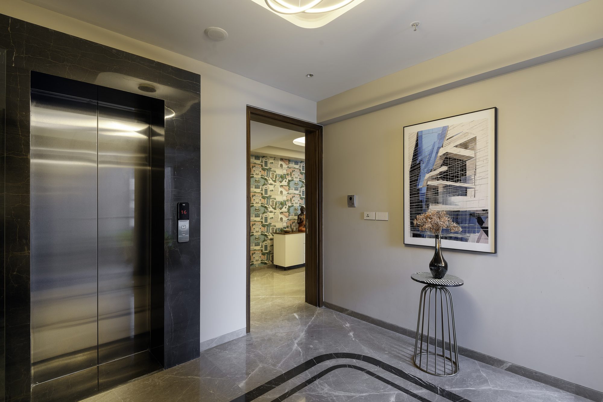 The private lift lobby of a single-residence floor at Attalika